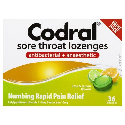 Codral duo relief sore throat lozenges antibacterial + anaesthetic lime & lemon is a rapid pain relief for sore throats.