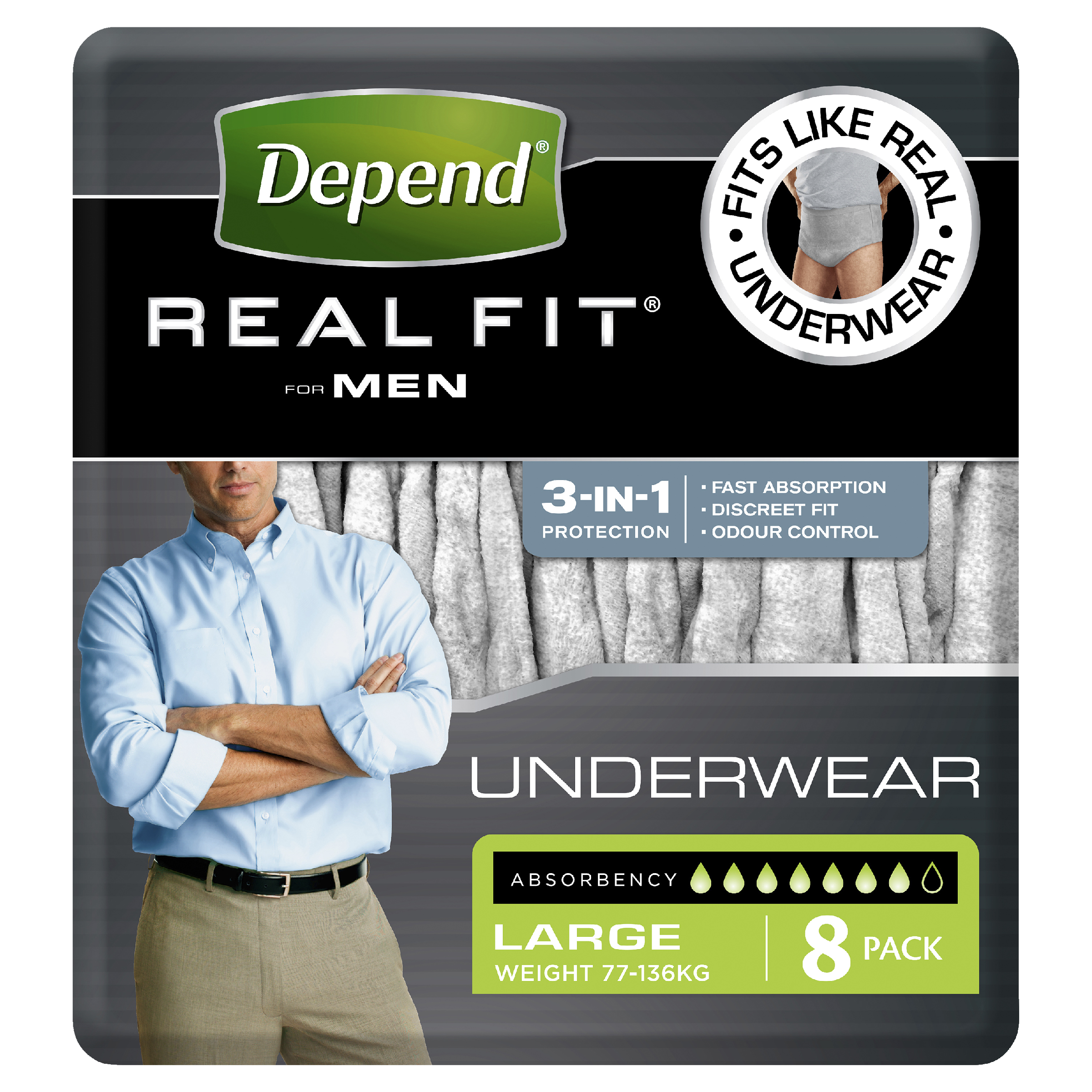 Depend Real Fit For Men Underwear, Heavy Absorbency, Large, 8 Pants -  National Pharmacies