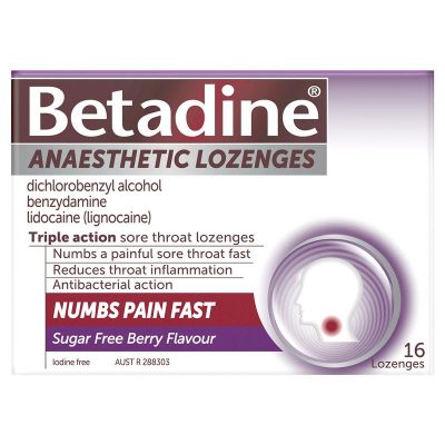 Betadine Anaesthetic Lozenges Berry Flavour - Sore Throat Lozenges 16 Pack