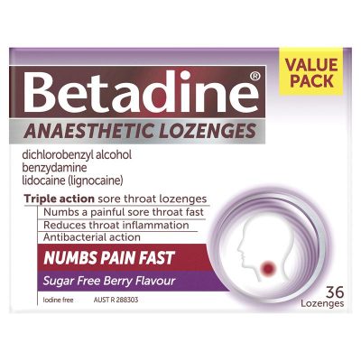 Betadine Anaesthetic Lozenges Berry Flavour - Sore Throat Lozenges - 36 Pack