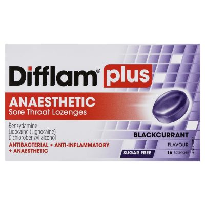 Difflam Plus Anaesthetic Sugar Free Blackcurrant 16 Lozenges