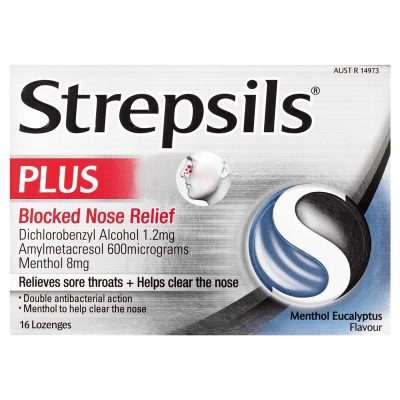 Strepsils Plus Blocked Nose Relief Throat Lozenges Menthol Eucalyptus 16 Pack