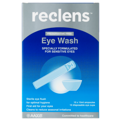Reclens Saline Eye Wash 10 Unit Dose x 15ml with Eye Cups