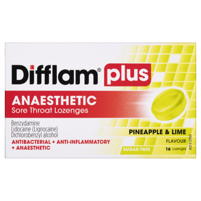 Difflam Plus Anaesthetic Sore Throat Lozenges Pineapple & Lime Flavour - 16s