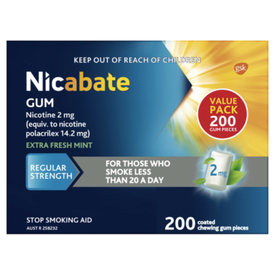 Nicabate Gum Nicotine 2mg Regular Strength Extra Fresh Mint 200 Pack