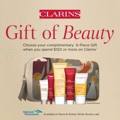 Choose your complimentary^ 6-PIECE GIFT when you spend $120 or more on Clarins.* Your choice of Firming Gift or Restoring Gift