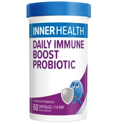 A bottle of Inner Health Daily Immune Boost Probiotic, promoting gut health and immune support with vibrant packaging.