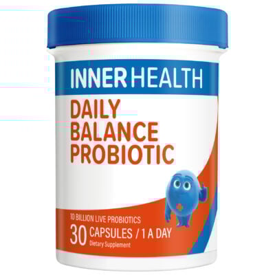 The Inner Health Daily Balance Probiotic comes in a container with a blue lid and a playful blue character on the label. Inside, you'll find 30 capsules designed for daily intake, promoting wellness and balance.