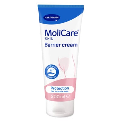 MoliCare Skin Barrier 200ml protects irritated skin with a zinc oxide-free formula, maintaining continence pad absorbency and enhancing skin regeneration.