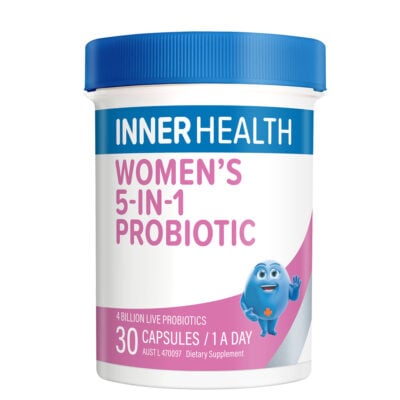 Inner Health Women's 5 in 1 Probiotic supplement, designed to support women's digestive and immune health.