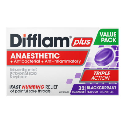 Difflam Plus Anaesthetic Sore Throat Lozenges Blackcurrant Flavour 32 Lozenges-1