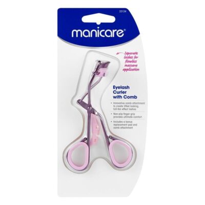 Innovative eyelash curler with non-slip grip ensures flawless, lifted look; includes bonus pad and comb. Easy, comfortable usage.